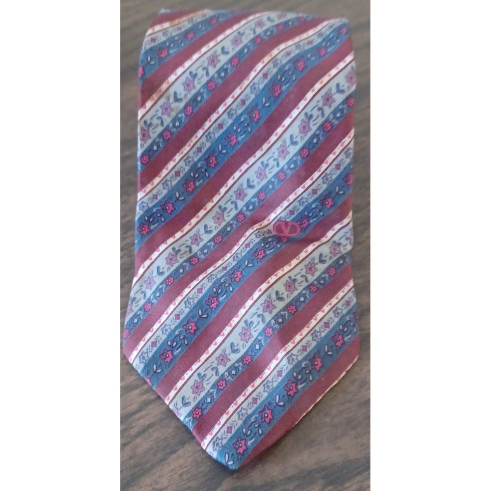 Valentino Necktie Men Necktie Burgundy Blue Floral Striped Made in Italy Silk